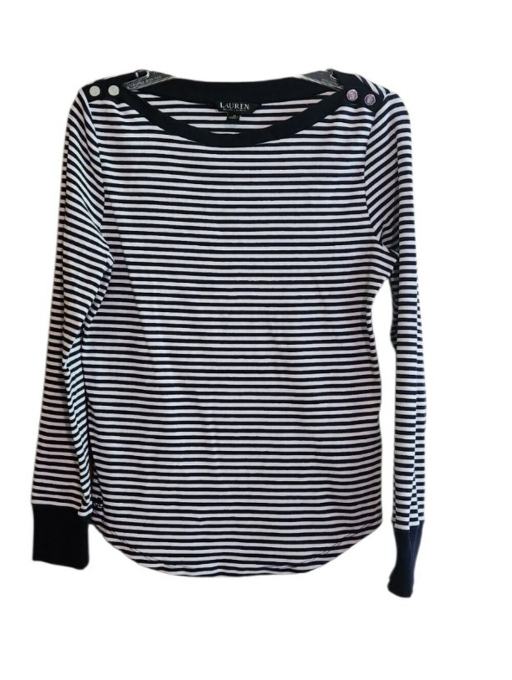 Lauren Ralph Lauren Navy & White Striped Button-Shoulder Long Sleeve BoatneckTop